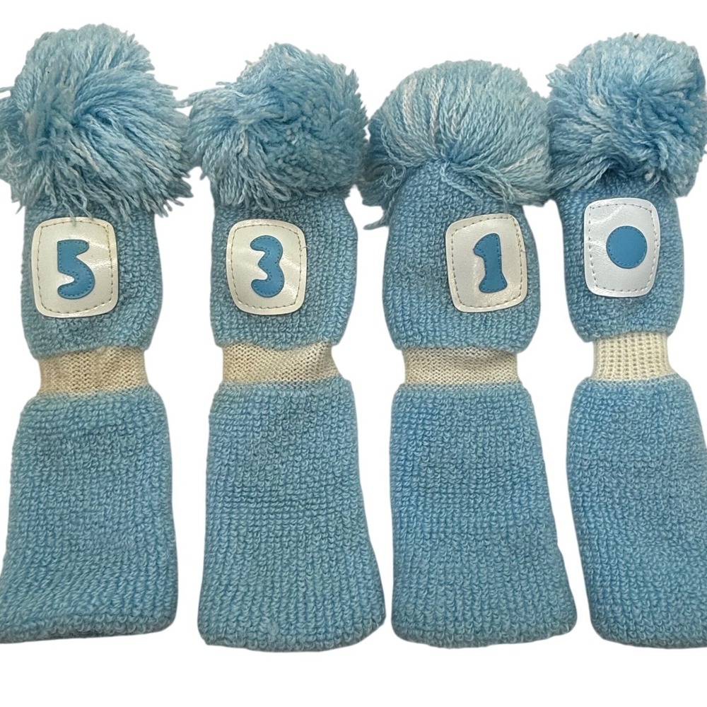 MacGregor Vtg Knit Golf Club Headcovers old school Blue‎ Pom Pom in org bag